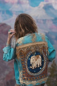 Embellished Elephant Denim Jacket | Made To Order Boho Jacket, Custom Denim, Kleidung Diy, Wild Free, Embellished Denim, Denim Diy, A Jacket