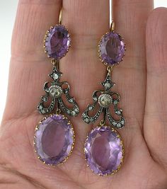 Gorgeous Victorian Amethyst & Diamond by myvintagediamondring, $5850.00 Purple Amethyst Earrings, Victorian Jewellery, Hammered Silver Jewelry, Beautiful Baubles, Beautiful Objects, Diamond Dangle Earrings, Earrings Design, Ear Candy, Amethyst Jewelry