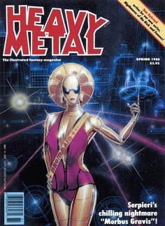 the cover to heavy metal magazine, featuring a woman in a bodysuit and headpiece