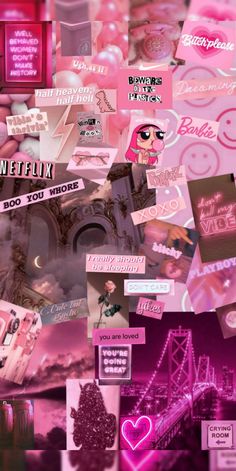 a collage of pink and purple images