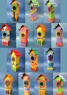 many colorful bird houses with different designs on them