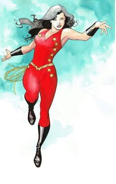 a drawing of a woman dressed in red and gold with her arms out, flying through the air