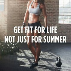 a woman standing in front of a gym ball with the words get fit for life not just for summer