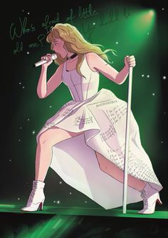 a drawing of a woman in white dress holding a microphone and singing into a microphone