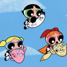 the powerpuff girls flying in the sky together with their faces painted like cartoon characters