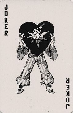 a black and white playing card with an image of a man holding a heart in his hands