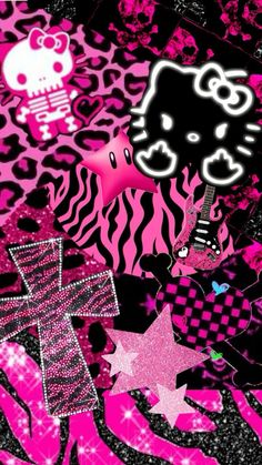 a pink and black wallpaper with hello kitty on it's face, stars, and skulls
