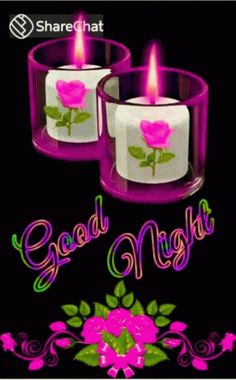 three candles with roses on them and the words good night