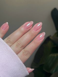 Pink Chrome Short Almond Nails, Sheer Holographic Nails, Light Blush Nails, Shiny Light Pink Nails, Simple Shimmer Nails, Pearlescent Pink Nails, Transparent Chrome Nails, Clear Pink Chrome Nails, Nude Iridescent Nails