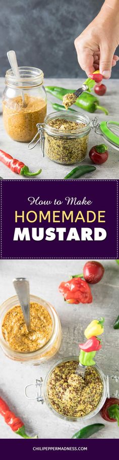 homemade mustard is being spooned into small bowls with peppers and tomatoes in the background