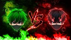 two anime characters with green hair and red eyes, one is wearing a black mask