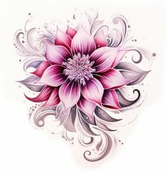 a pink flower with swirls and leaves on it's side, painted in watercolor