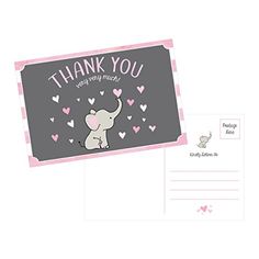 a thank card with an elephant and hearts on the front, in pink and gray