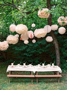 a picnic table with paper lanterns hanging from it