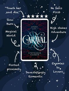 an image of the words caraval written in white on a blue background with stars and swirls