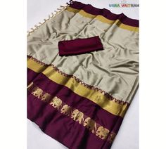 Cotton Silk Saree in Cream Maroon- HandCrafted with Traditional Hathi Design, Customized Blouse Wedding Sari for USA, UK, Canada, Australia Indian Culture And Tradition, Bridesmaid Saree, An Affair To Remember, Wedding Sari, South Indian Sarees, Cotton Silk Saree, Indian Culture, Elephant Pattern, Zari Work