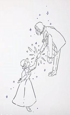 a drawing of a man holding the hand of a woman's head with stars in the background