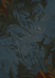 an artistic painting of leaves and stars in the night sky