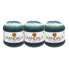 three balls of yarn with the words mandala on them