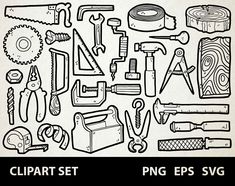 the clipart set includes various tools such as tape, scissors and other items