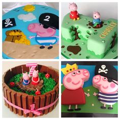 peppa pig birthday cakes are decorated with fondant and other decorations, including cake toppers