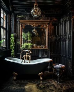 an old fashioned bathtub in the middle of a room with black walls and flooring