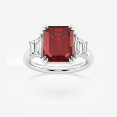 11x9mm Emerald Cut Created Ruby and 1 ctw Lab Grown Diamond Three-Stone Engagement Ring 14K White Gold Oakley Sunglasses Women, Red Gemstone Ring, Engagement Ring Platinum, Three Stone Engagement Ring, Engagement Rings Platinum, Stone Engagement Ring, Three Stone Engagement, Three Stone Engagement Rings, Stone Engagement