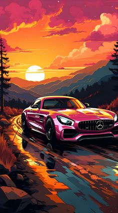 a painting of a pink sports car driving on a road at sunset with mountains in the background