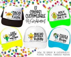 four hats with different designs on them and confetti in the background that says, how to order & customize your own hat