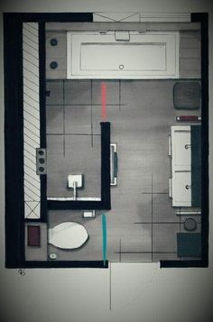 an overhead view of a bathroom and living room