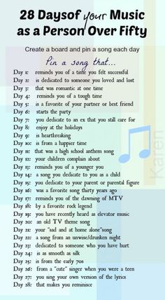 the 28 days of for music as a person's over fifty song list with notes