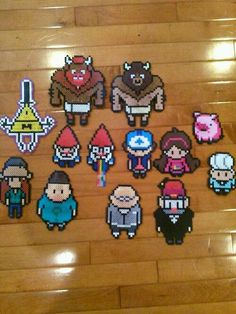 several pixel characters are displayed on a wooden floor