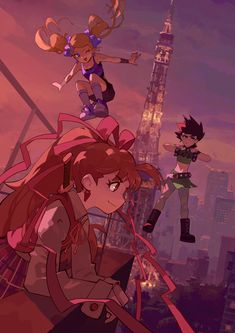 anime characters standing on top of a building in front of the eiffel tower