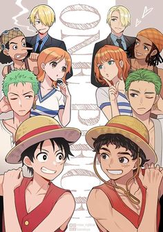 an anime poster with many people in hats and one is holding his hand up to his face