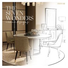 an advertisement for the seven wonders furniture range featuring chairs and a round dining table with four beige upholstered chairs