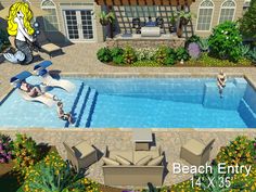an artist's rendering of a swimming pool and patio