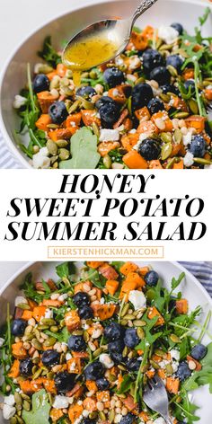 a salad with blueberries, carrots and spinach is shown in two separate bowls