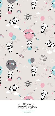 a pink background with pandas and balloons in the sky, on top of each other