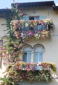 an apartment building with flowers on the balconies and shutters in front of it