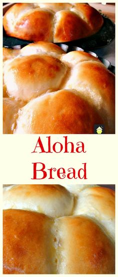 there are two different types of breads on the table with words above them that read, aloha bread