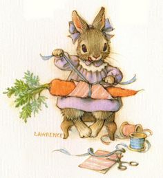 a drawing of a rabbit holding a carrot and sewing thread with scissors on the ground