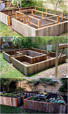 several different types of raised garden beds in various stages of being built and placed on top of each other