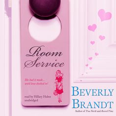 an advertisement for room service with the door handle on it's side and hearts in the background