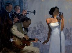 a painting of a woman in a white dress singing into a microphone while a man plays the guitar