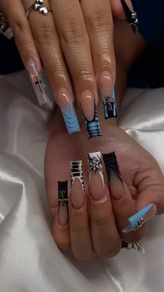 Kirby Nails Acrylic, Baddie Nails Blue, Mitch Match Nails, Blue Freestyle Nails, Buchona Nails, Exotic Nail Designs, Girly Acrylic Nails, Acrylic Toe Nails, Long Acrylic Nail Designs