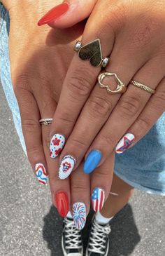 Acrylic Nails Preppy Summer, Short Almond 4th Of July Nails, Sturniolo Nail Designs, Nail Picture Captions, Nail Ideas In Blue, Crazy Bright Nails, Groovy Retro Nails, Red And Blue Almond Nails, Cute Nashville Nails