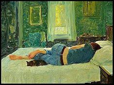 a painting of a person laying on a bed with a cat in front of them
