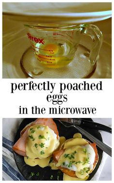 there are two pictures with eggs in the microwave