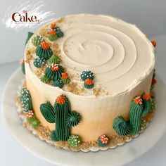 a cake decorated with green and orange decorations