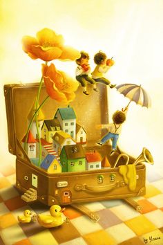 a painting of children playing in an open suitcase with flowers and umbrellas on the floor